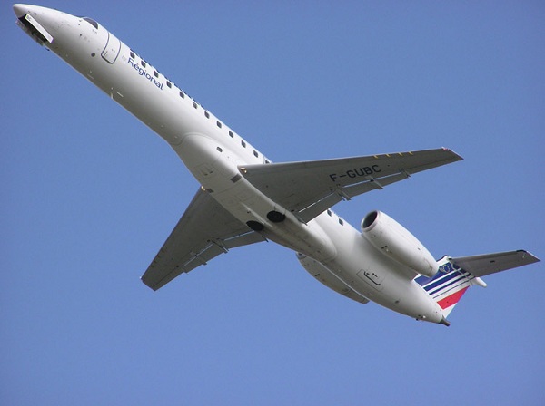  An Embraer RJ 145 of Air France (F-GUBC) on the climbout from Bristol Airport, Bristol, England. 
